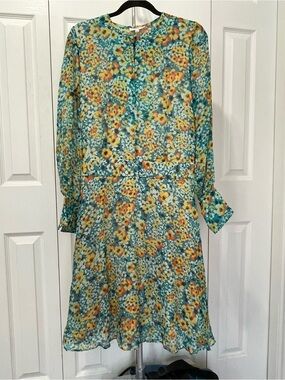 Floral Sheer Long-Sleeve Tea Dress in Teal and Yellow
